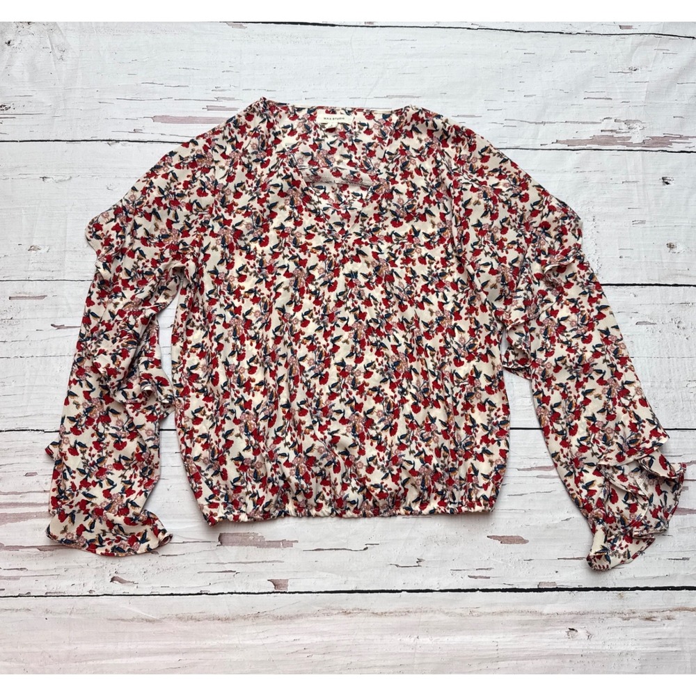 Max Studio Womensโ Red Floral Ruffle Long Sleeve Blouse Smocked Hem Small